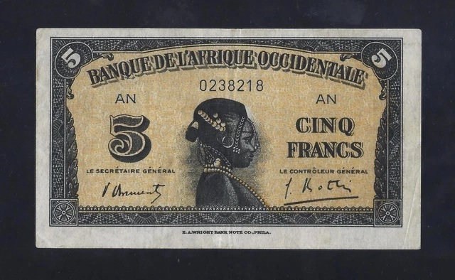 French West Africa 5 Francs 1942 P-28 VF RARE SIGNATURE