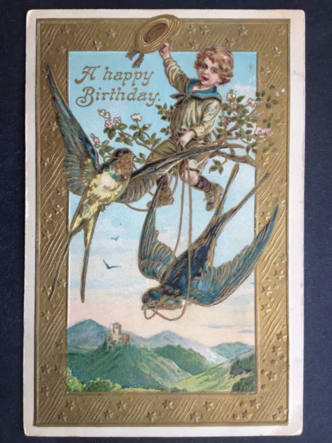 Superbe cpa Fantaisie Gaufrées Embossed Postcard HIRONDELLES ENFANT Anniversaire