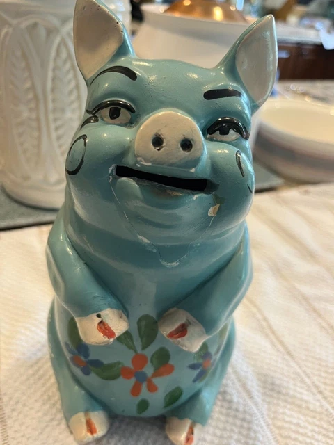 Vintage Child's Piggy Bank Over 50 Years Old, light blue w/flowers