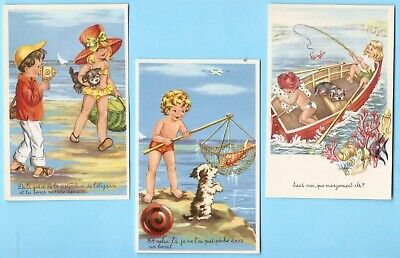 ILLUSTRATOR lot of 3 postcards CHILDREN at sea Photochrom rare