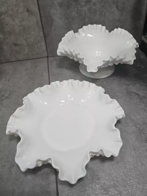 2 Vintage Fenton White Milk Glass Hobnail Bowl Vase Double Crimped Ruffle Edge