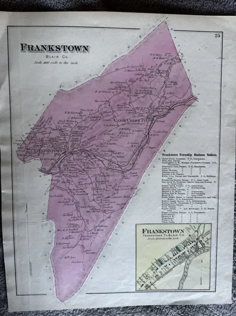 Frankstown Canoe Creek PA 1873 ￼original colored map. Shows homeowners names.