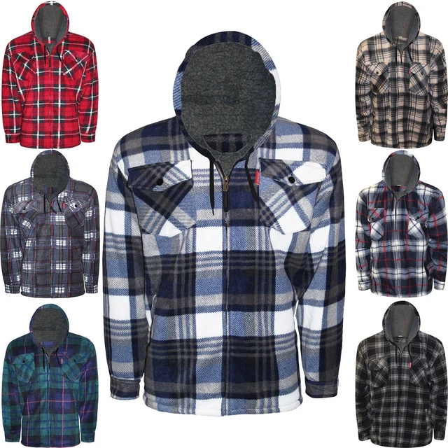 Mens Sherpa Fur Fleece Lined Hoodie Lumberjack Jacket Hooded Work Padded Shirt