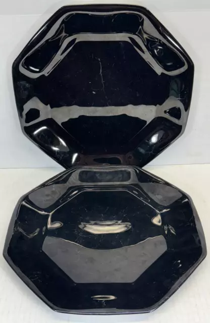 (2) VTG MCM Arcoroc France Octime Black Glass Octagon 10.75” Dinner Plates