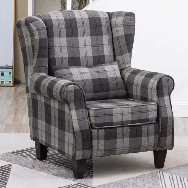 Wing Back Fireside Armchair Modern Check Fabric Sofa Chair Lounge Living Room UK
