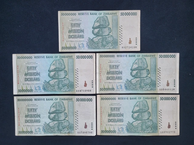 Zimbabwe 5 x 50 Million Dollars 2008 Pick- 79 –  Lot 5 pcs