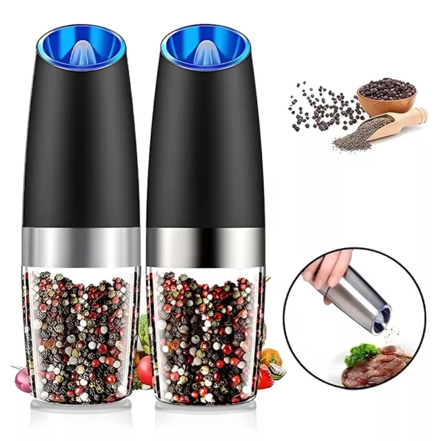 2-Pack Gravity Electric Pepper Salt Grinder Set with LED Light Stainless Steel