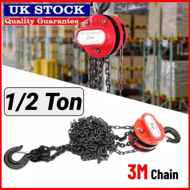 1/2 Ton Chain Block Hoist Garage Car Engine Heavy Load Lifting Tool w/ 3M Chain