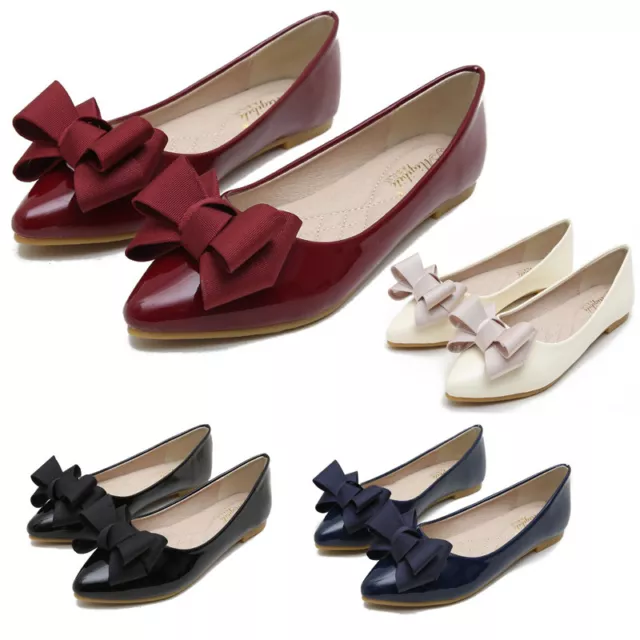 Womens Flat Pumps Bow-Knot Comfy Slip On Ballerinas Pointy Toe Casual Shoes Size
