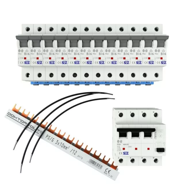 Set 1x interrupteur FI 40A 30mA 12xAutomat B16 A pont 3P phase rail 12p 10mm2 2