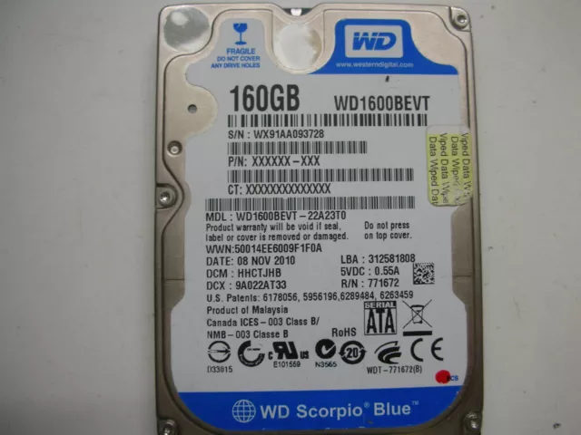 WD Scorpio Blue 160gb WD1600BEVT-22A23T0 2061-771672-F04 AC 2,5 " SATA