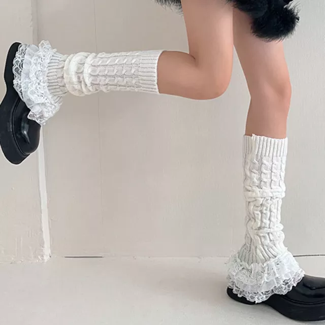 1 Pair Lolita Girl Knit Lace Leg Warmer Long Sock Patchwork Layered Stocking 2