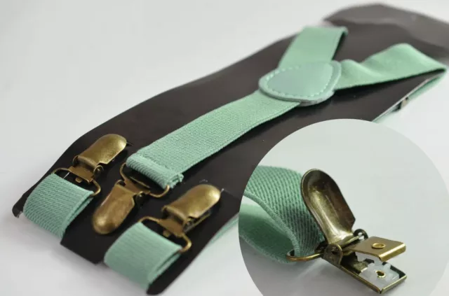 Sage Green Elastic Suspenders Braces Bronze Metal Clips for Men / Boys / Baby