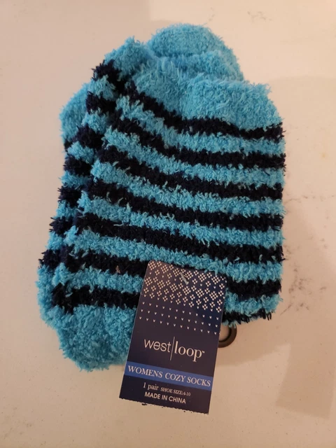 West Loop Women's Cozy Socks 1 Pair Shoe Sizes 4-10 Sky/Navy Blue Stripes NWT