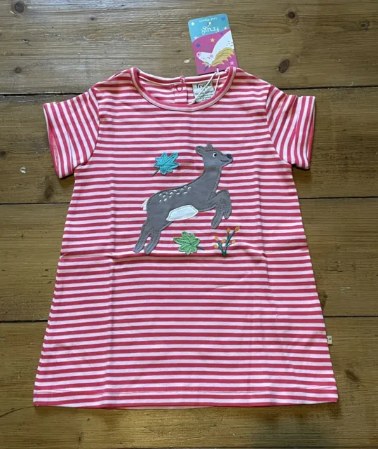 BNWT Frugi Organic Cute  Red Striped Deer T-shirt Tunic Top Girls 3-4 Years