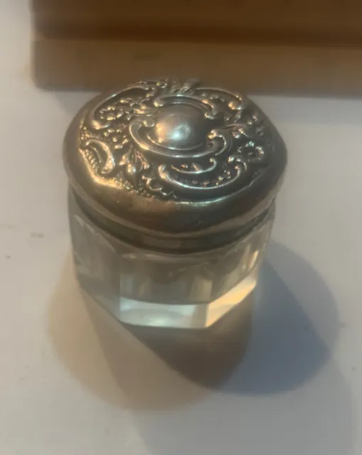 Antique Octagonal Crystal Pill Jar w Sterling Silver Embossed Lid 1898 Date Mark