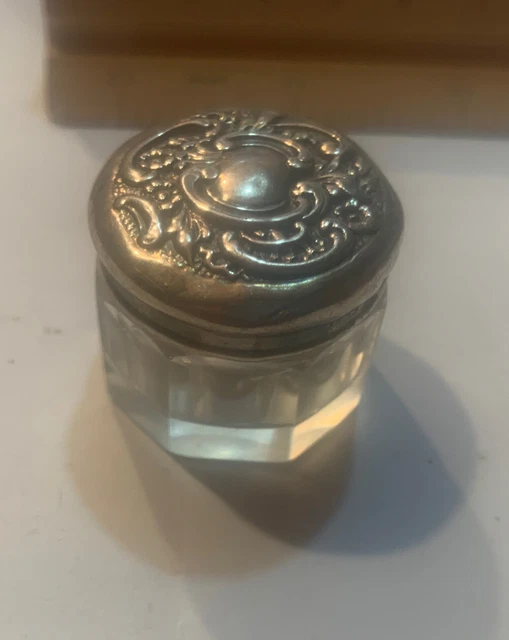Antique Octagonal Crystal Pill Jar w Sterling Silver Embossed Lid 1898 Date Mark