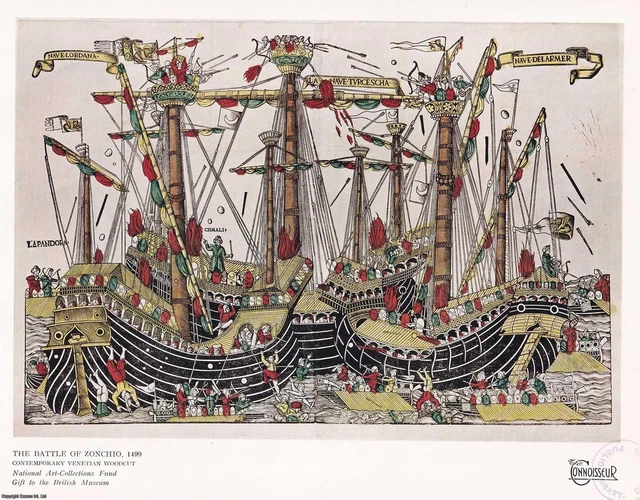 THE BATTLE OF Zonchio, 1499 Coloured WoodCut By An Unknown