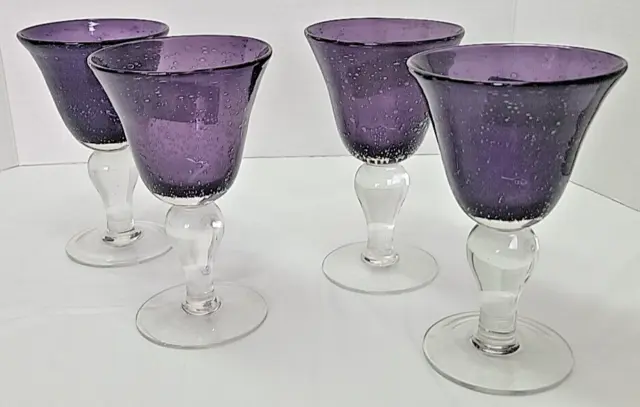 Artland Hand Blown Iris Plum Purple Bubble Glass Goblets Wine Glasses Set of 4