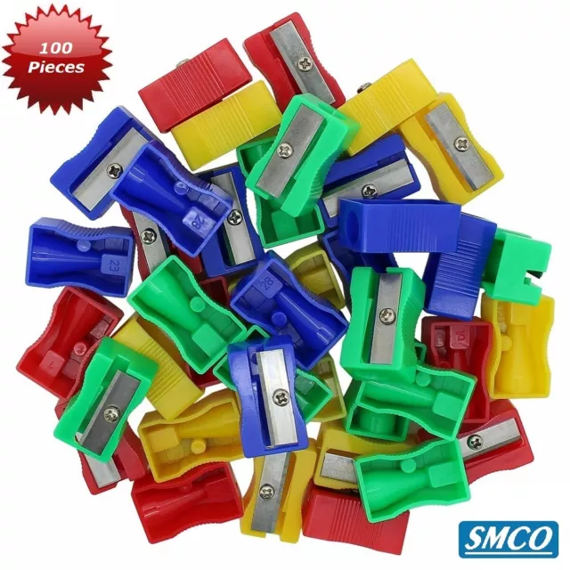 100 PENCIL SHARPENERS 4 Colours RED BLUE GREEN YELLOW Plastic HOME OFFICE BySMCO