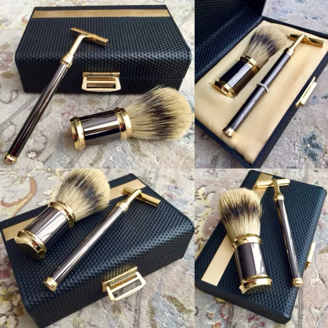 Superb Vintage Boxed 24ct Gold Plated Badger Hair Shaving Brush & Blade Set