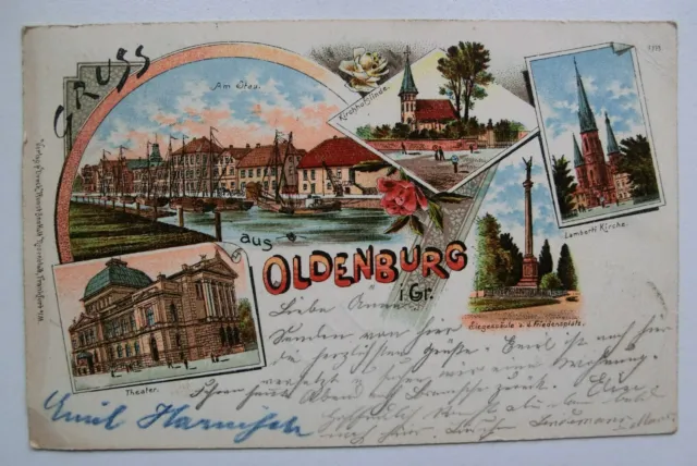 Lithographische Ansichtskarte GRUSS aus OLDENBURG 1901 gelaufen