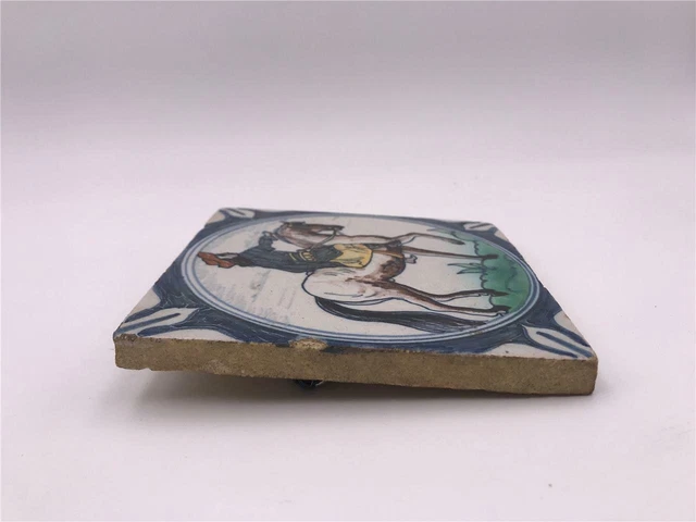 Antique Delft Blue Polychrome Faience Pottery 5" Tile Man on Horseback 2