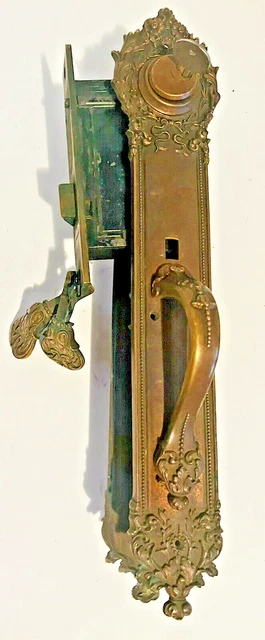 VINTAGE RHCo COURTRAY VICTORIAN BRASS DOOR HARDWARE SET 2342 WITH LOCK & KEY