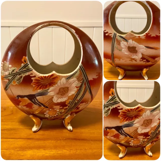 Japanese Satsuma Moon Vase Hand Painted with a Flying Bird and Flower Scene