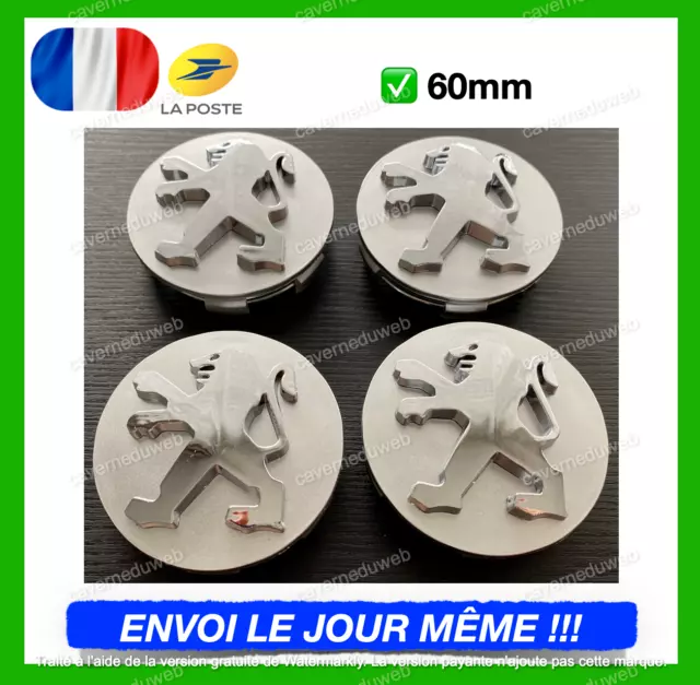 4 X LOGO EMBLÈME Insigne PEUGEOT 60 mm GRIS Cache moyeu jante Centre de roue