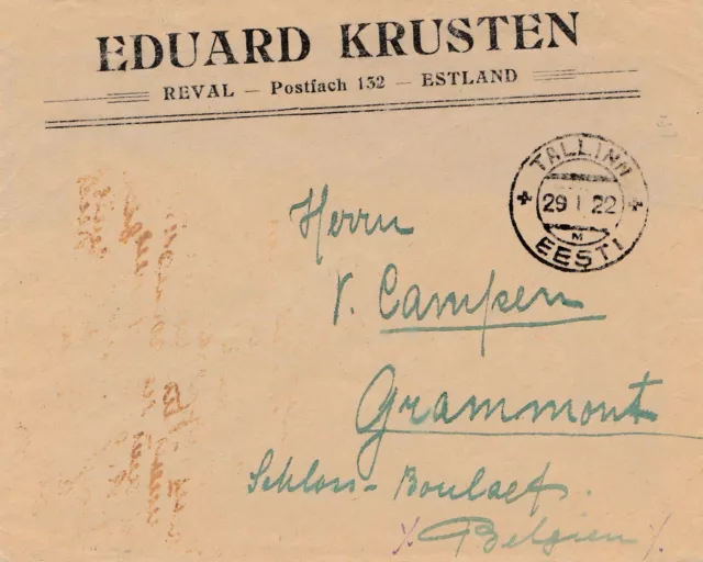 Estland: 1922: Brief von Tallinn nach Belgien