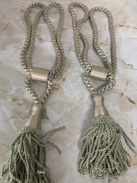 Set of 2 Large Braided Sage Green Tassel Drapery Curtain Tie Backs 17" Long