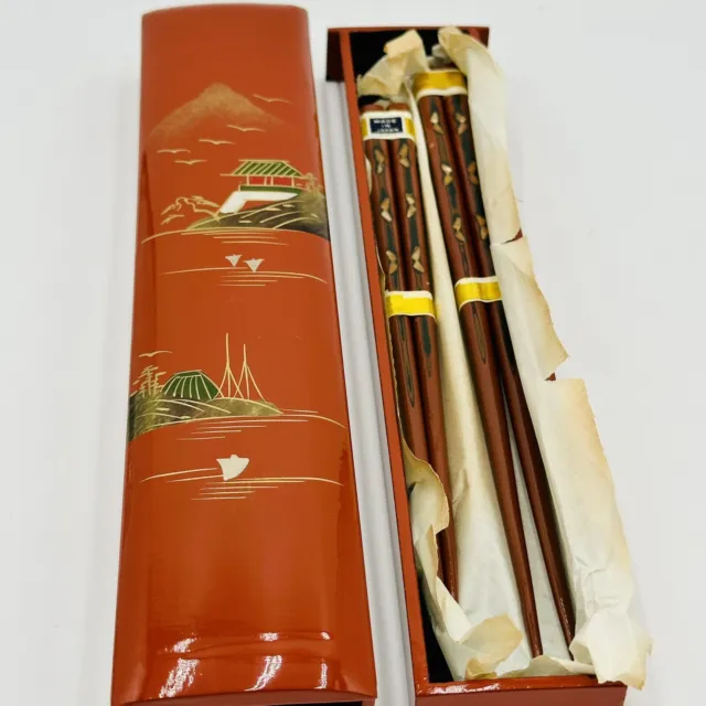 VTG Japanese His & Her Abalone MOP Inlaid Lacquer Wood Chopsticks Box Set
