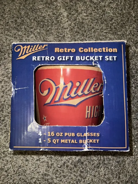 Miller Retro Gift Bucket Set 16oz. GLASS + 5qt. Ice Bucket (ONLY 3 PUB GLASSES)