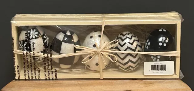 MacKenzie-Childs Black/White Capiz Eggs - Set of 5 in Wood Crate - Brand New!