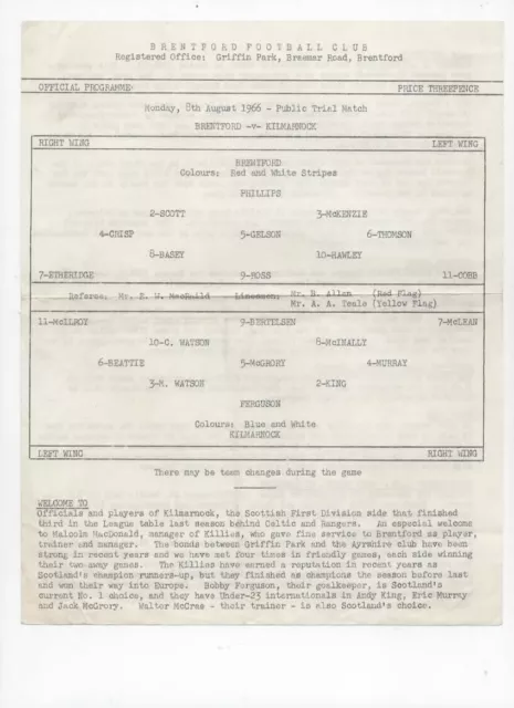 Brentford v Kilmarnock 8th August 1966 Public Trial Match - Single Sheet