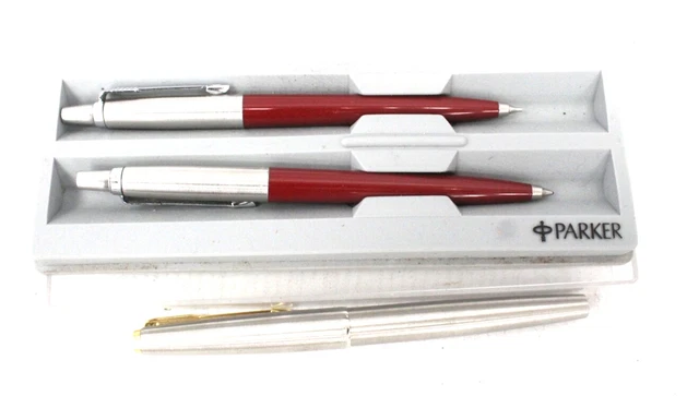 3 x PARKER Inc Matching Ball Point Pen & Pencil I Brushed Steel Fountain Pen-H31