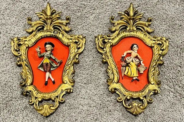Vintage Italy Victorian Dancers Couple Wall Hanging Set On a RedVelvet 2