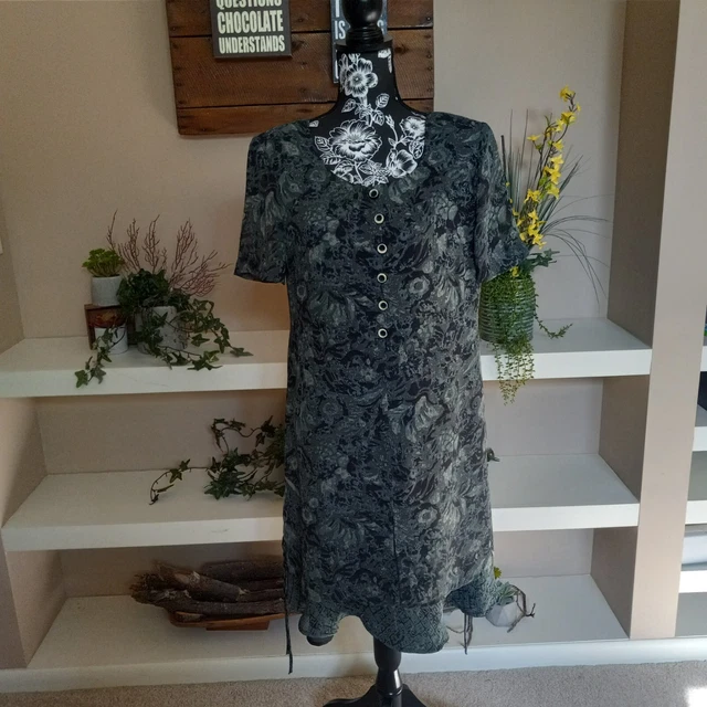 Vintage 90s Carole Little Sz 8 Dress Midi Dark Floral Button Front Short Sleeve
