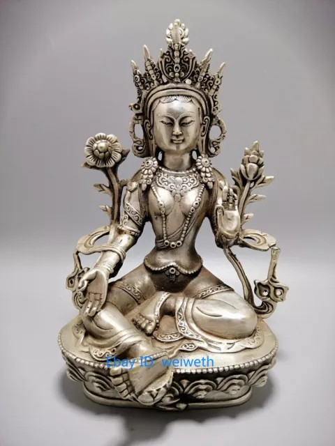 Old Handwork Tibet Silver Carved Tibetan Buddhism Green Tara Buddha Statue