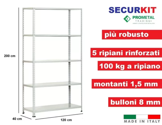 Scaffale in Metallo 5 Ripiani con rinforzo Max 500 Kg cm120x40x200h SECUREKIT