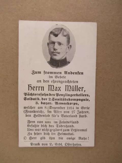 Sterbebild 1.WK Sold. 2 Sanitätskomp. 3. bayer. Armeek. Gef. 8. 12. 1914 Frankr.