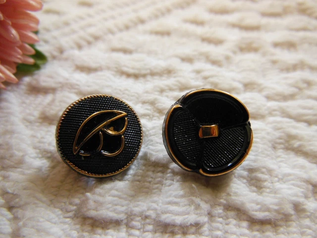 Duo petits boutons ancien en verre noir doré travaillé 1,3 cm G15A