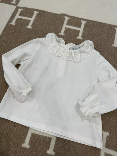 Like New Christian Dior Baby White Blouse W Ruffle Lace Neck Size 2Y Top