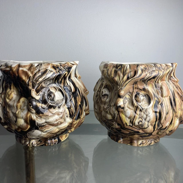 2 VTG Owl Ceramic Planter Macrame Set Drip Glaze Brown Owls 1970s Swirl MCM Mod