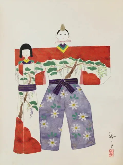 Q1195 Japanese Hanging Scroll KAKEJIKU Vintage Hand Paint Paper HINA Doll
