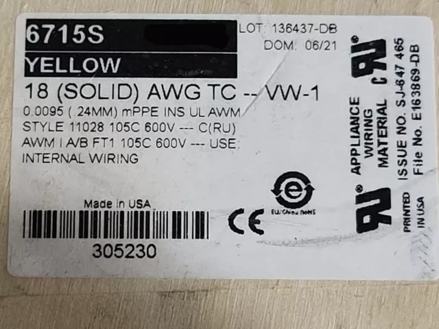 Alpha Wire 6715S #18awg Solid Tinned Copper EcoWire mPPE HookUp 600V Yellow/25ft