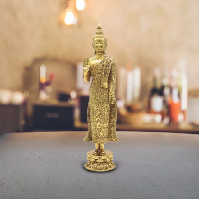 12"H Gold Thai Buddha Standing on Lotus Statue Feng Shui Figurine Room Decor