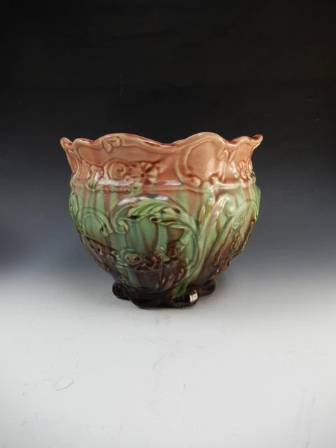 VINTAGE WELLER ART Pottery Green, Brown,Pink Majolica Jardiniere