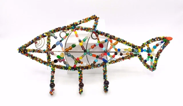 Vintage Folk Art - Genuine Glass Beads 17” 3 Hook Hanger Handmade Fish, Wired